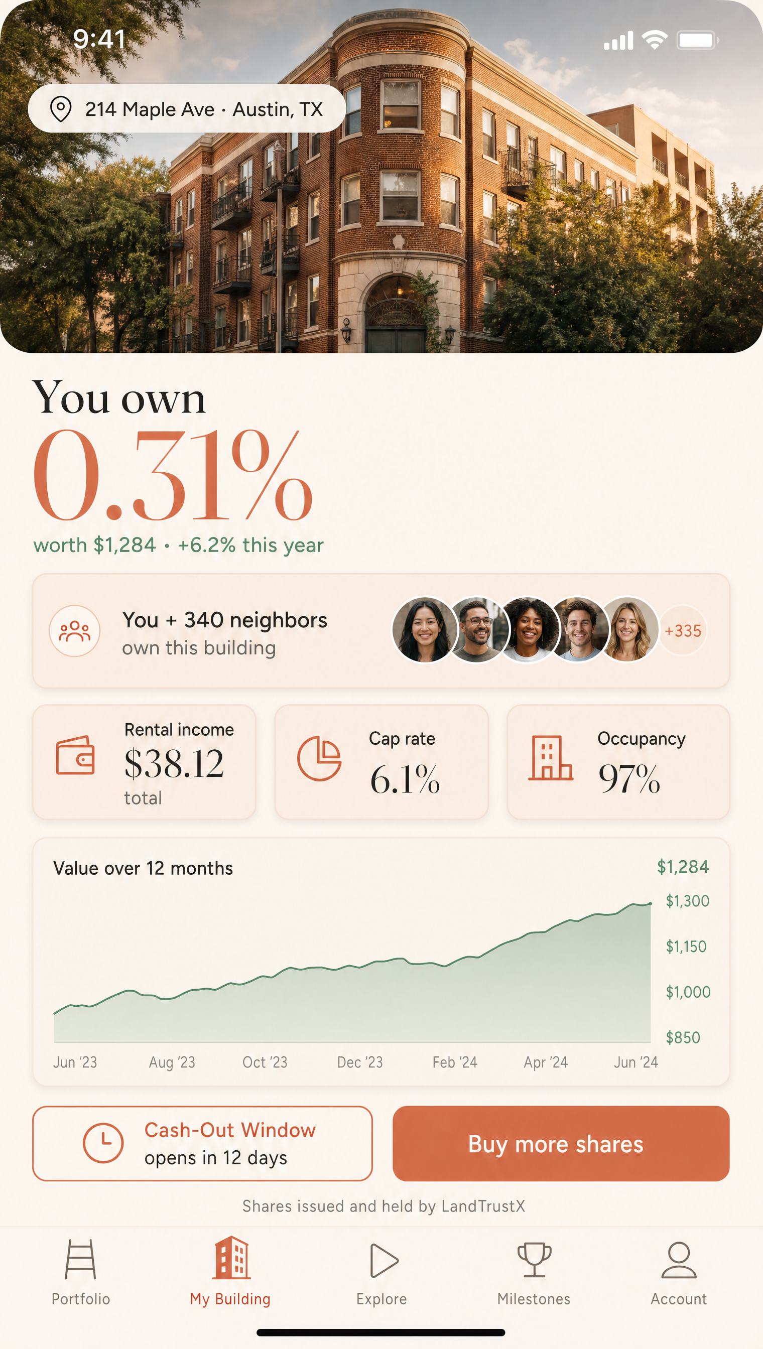 Property detail screen β you and 340 neighbors own this building