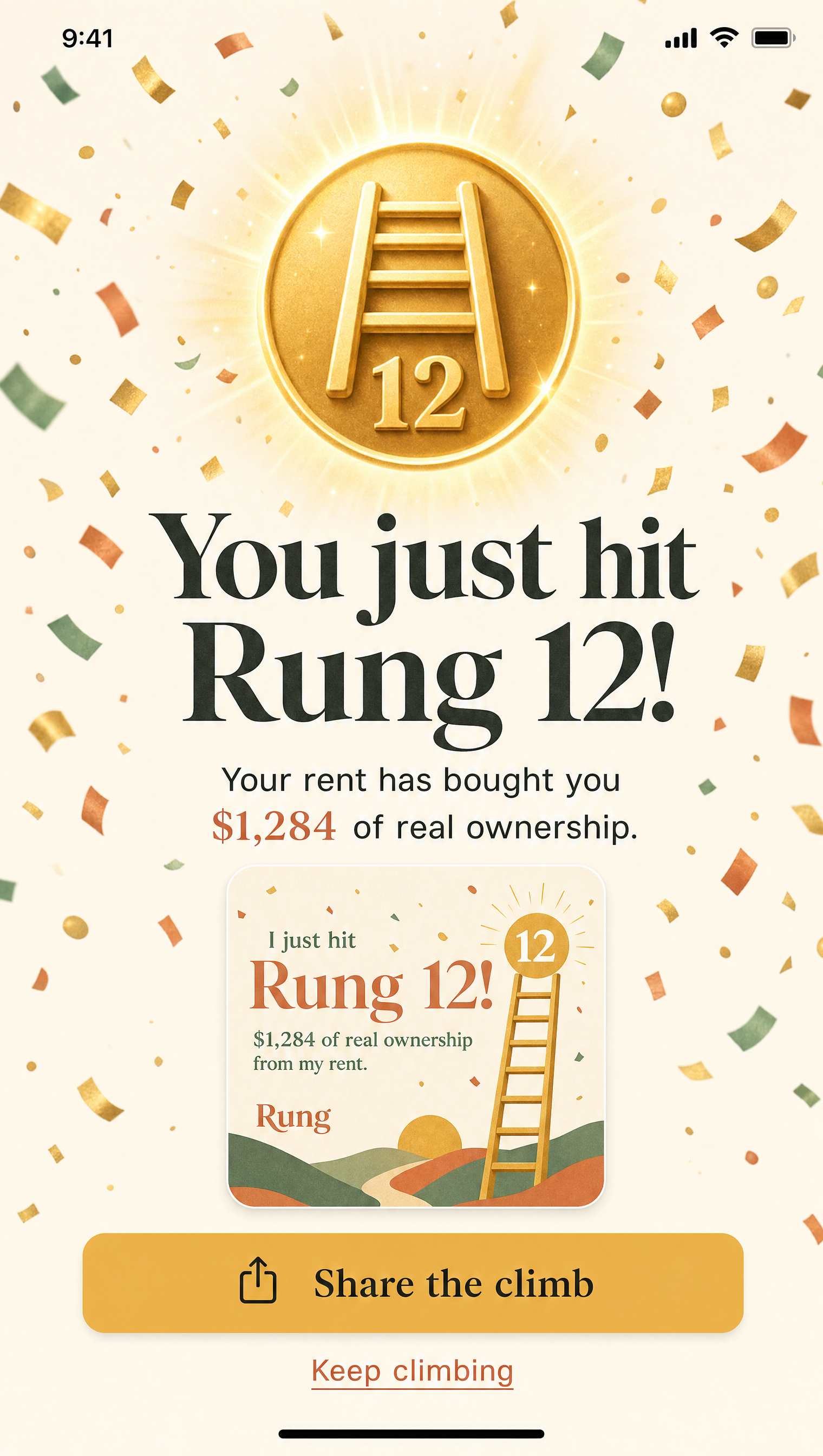 Milestone celebration screen β You just hit Rung 12